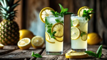 Fototapeta premium Fresh pineapple and lemon juice with fresh mint and basil leaf. Moody shallow depth of field, table top perspective.