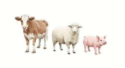 Fototapeta premium Farm animals in size order: large cow, medium sheep, and small piglet, front-facing lineup on white background
