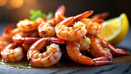 Fresh grilled shrimps with a lemon wedge.