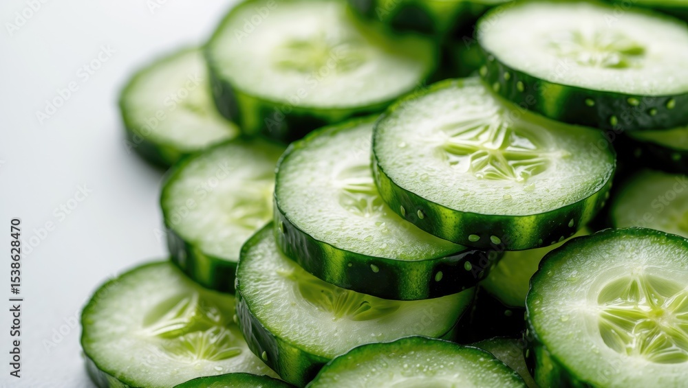 Poster close-up of fresh cucumber slices arranged or piled, isolated on background.