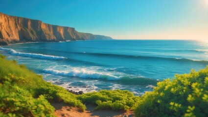 Obraz premium Fresh water lake during summer time with clear blue waters and lush surroundings