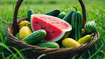 Fresh Watermelon and Cantaloupe arranged in a rustic basket from an eye-level perspective
