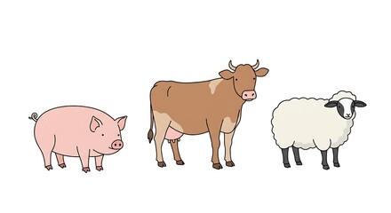 Obraz premium Minimalistic outlined illustration of pig, cow, and sheep in front view with soft color fill, clean farm animal design on white background
