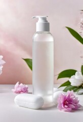  bottle of cosmetics, cotton pads and pink flowers on a background with shadows. The product concept of natural beauty spa.