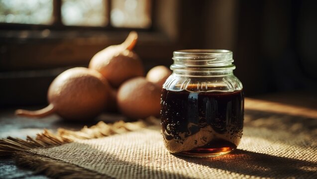 Fresh Yacon roots displayed alongside yacon syrup on a wooden board