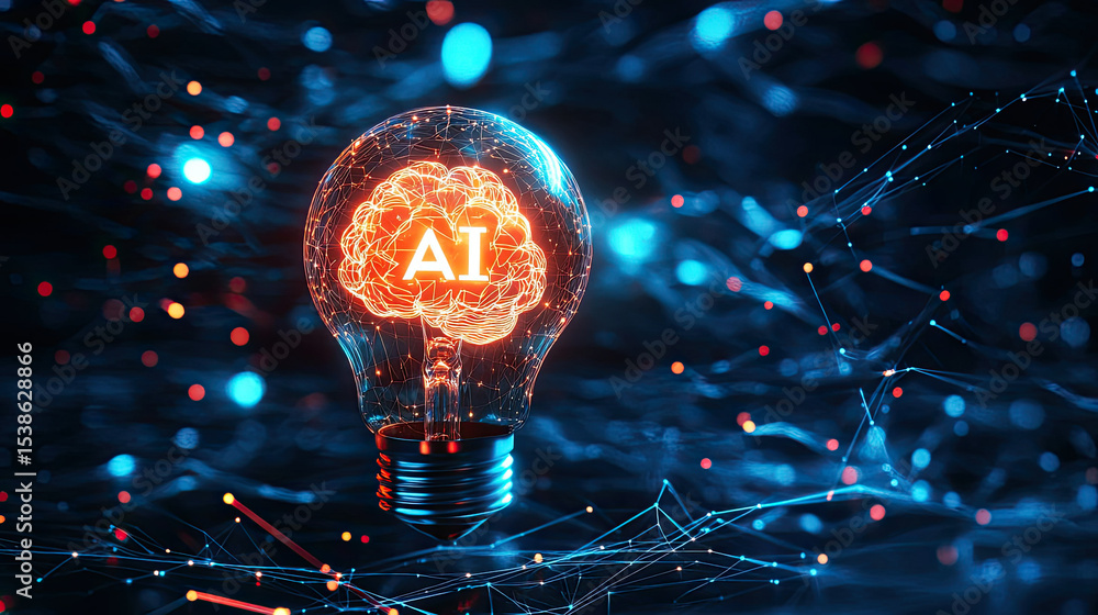 Poster artificial intelligence concept illustrated with lightbulb and brain design