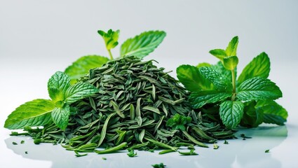 Fresh mint leaves paired with dried mint, isolated on a white background.