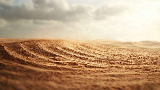 A vast desert landscape with rolling sand dunes under a cloudy sky, bathed in warm sunlight.