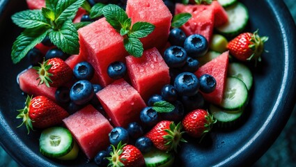 Fresh hydrating fruit on plate, including watermelon, strawberries, blueberries, cucumber slices, and mint leaves.