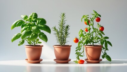 Obraz premium Fresh herbs collection, basil plant, rosemary plant, tomato plant, lively green leaves, thriving growth, gardening inspiration