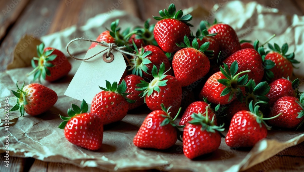 Poster fresh strawberries arranged on kraft paper with an empty white tag against a rustic background. top 