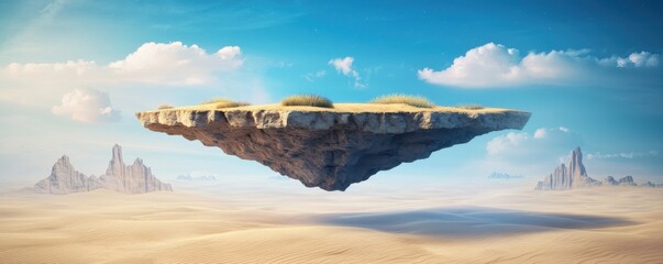 A large rocky island floats above a vast desert landscape under a bright blue sky with scattered clouds.