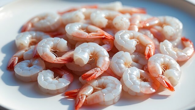 Fresh shrimp tails isolated. Raw pile of headless prawns, Pacific shrimp, uncooked tiger prawns, jumbo seafood on white background from a top view.