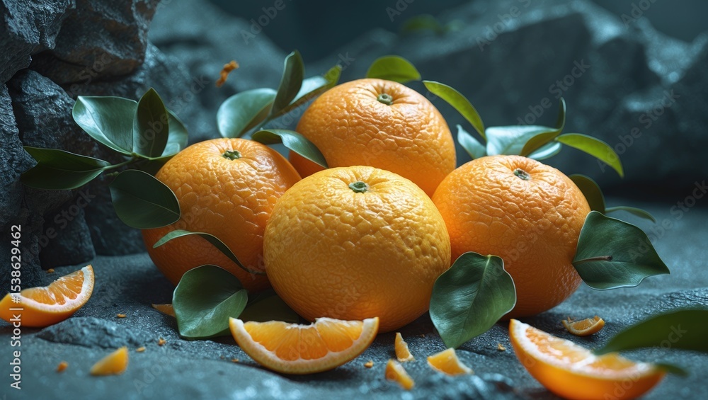 Poster fresh tangerines with leaves on dark textured background featuring ample copy space