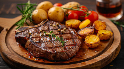 Juicy grilled ribeye steak served with potatoes and vegetables on a wooden plate.