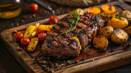 Juicy grilled ribeye steak served with potatoes and vegetables on a wooden plate.