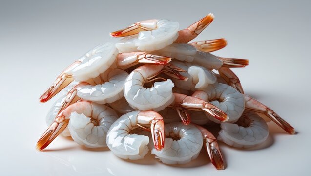 Fresh shrimp tails isolated. Uncooked headless prawns, Pacific shrimp, tiger prawns, jumbo seafood on a white background.