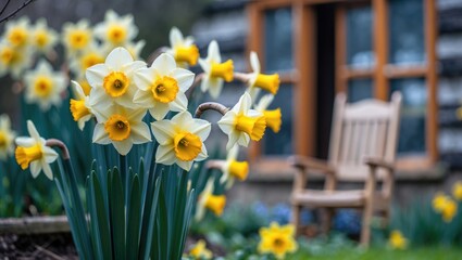 Obraz premium Fresh daffodil blooms in the yard of the cottages.