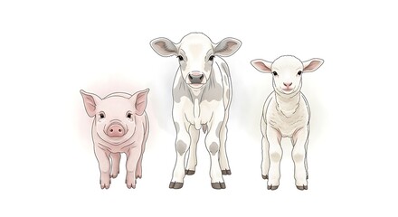 Obraz premium Cute front view illustration of piglet, calf, and lamb standing side by side, realistic baby farm animals on white background