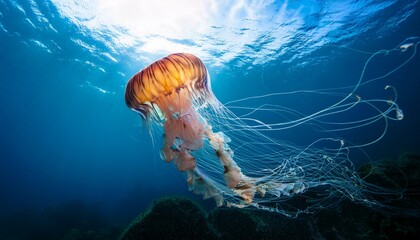 lion s mane jellyfish swims in the ocean