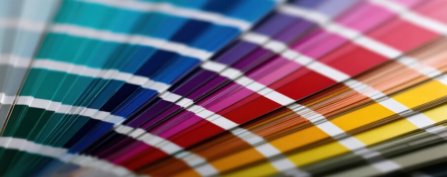 A fanned display of color swatches transitions from blue to yellow creating a vibrant spectrum