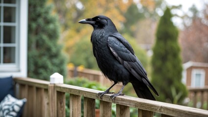 A huge dark-colored bird perched on a backyard porch