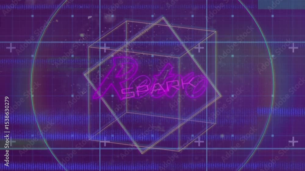 Poster drifting green points connecting on purple grid outlining wireframe cube with spark text and ring
