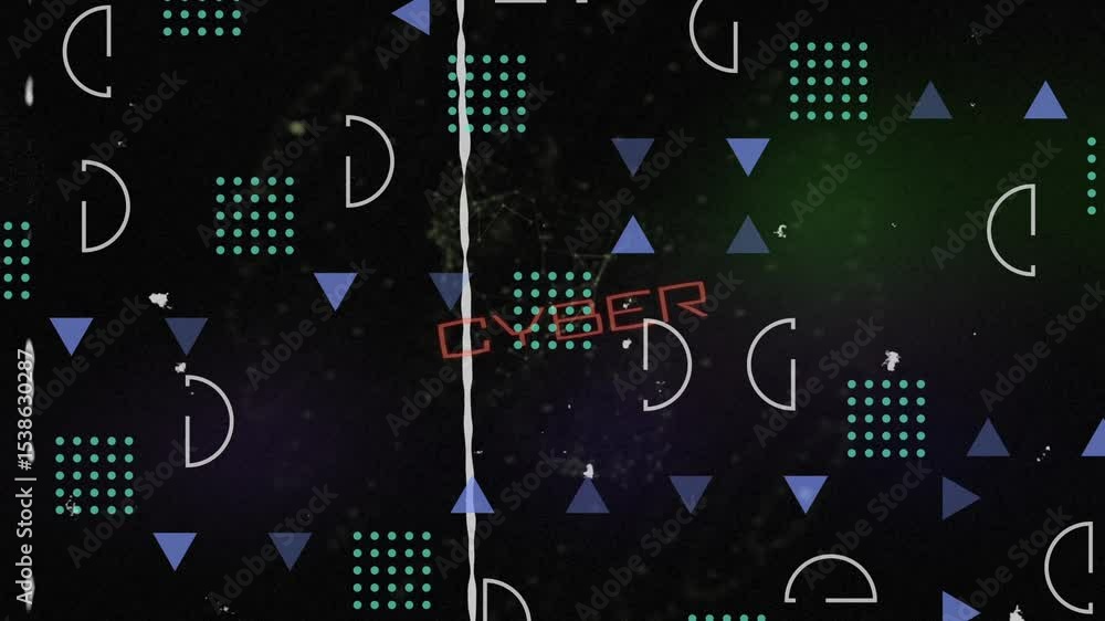 Poster materializing nodes glitching grids, pulsing cyber text sweeping particles with wipe line on screen