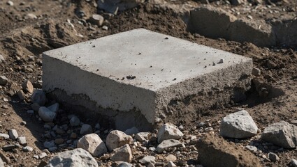 A coarse concrete or stone fragment set into the earth, surrounded by pebbles and soil