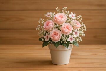 Obraz premium A wooden table holding a flower-filled pot