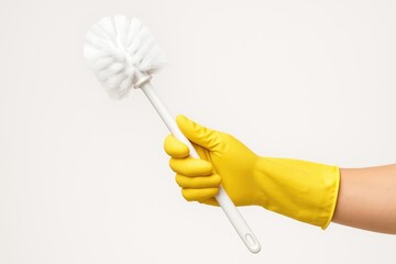 A hand wearing a glove gripping a spotless toilet brush
