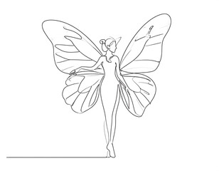 Elegant Woman with Butterfly Wings One Line Drawing Abstract Art Minimalist Illustration