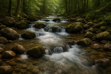 A tranquil woodland creek cascading over stones, showcasing nature's serenity