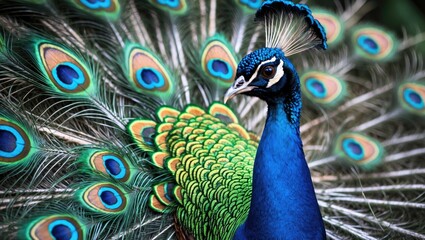 A peacock with vibrant green and blue feathers