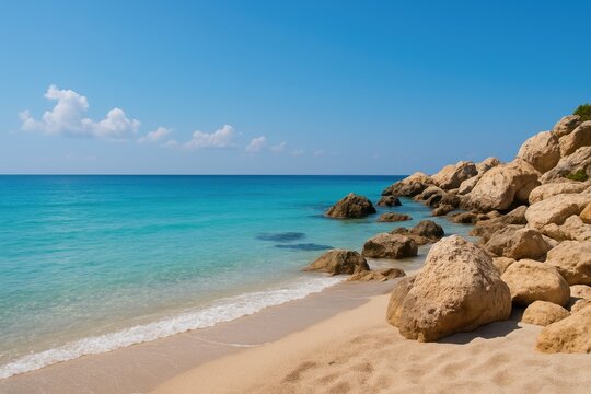 A tranquil seaside scene with rugged coastline and calm waters