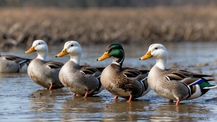 Fototapeta premium A group of ducks wading through muddy waters