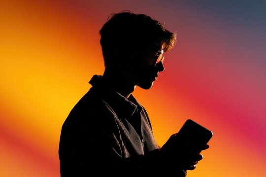 Silhouette of a person wearing glasses using a smartphone against a vibrant orange and red background