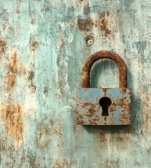 Rusty padlock on weathered teal metal surface.