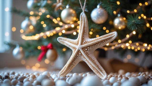 Festive starfish ornament displayed before a glowing Christmas tree with sparkling lights - Powered by Adobe