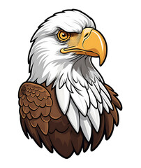 Obraz premium Bald eagle head sticker with sharp golden beak and intense eyes, Featuring white feathers and dark brown accents, outlined in a clean sticker-style border, transparent background
