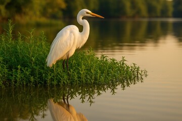 A majestic egret stands amidst marshy vegetation along a bayou in the northwest region, its reflection shimmering on the water