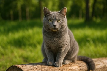 A feline with gray fur perches on a fallen branch under bright sunlight.