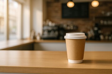 A disposable cup sits on the countertop inside a caf&Atilde;&copy;, representing a morning takeaway coffee scene.