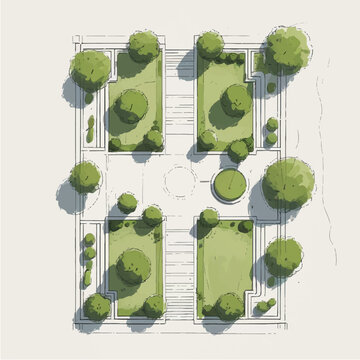 Architectural drawings in minimal style, including top-view elements of people in outdoor park scenes for landscape and site planning.