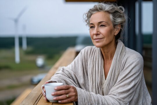 A contemplative woman savoring a warm cup of coffee while gazing into a vast, scenic landscape, representing tranquility, reflection, and the joy of serene moments in nature.