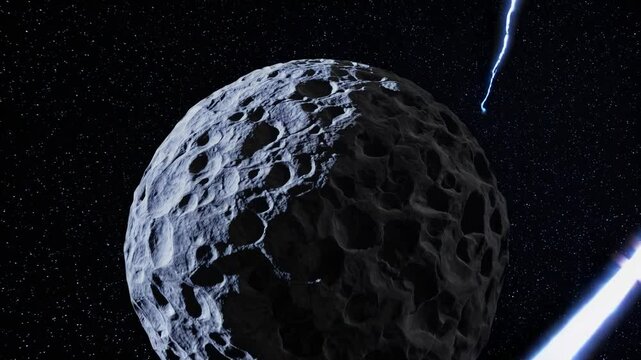 Asteroid exploding by laser beam in space