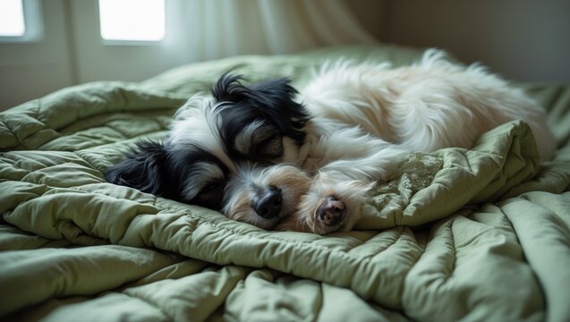 Adorable and fluffy cavachon puppy curled up in a ball, sleeping in bed beside a cabin window