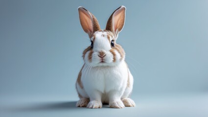 Cute adorable brown and white rabbit sitting on isolated blue background with charming features. Lovely baby bunny alone sit on blue background, perfect for Easter concept.