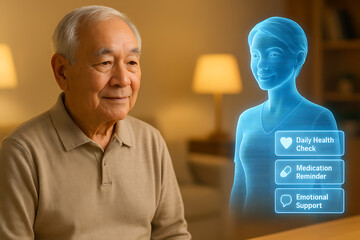 Pleased elderly Asian man interacting with digital assistant accessing health data and emotional support programs