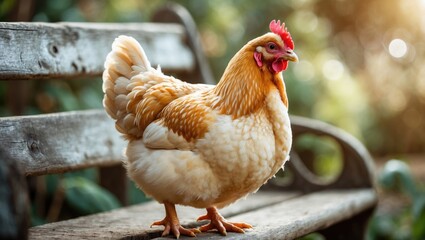 Adorable young chicken perched on a chair.